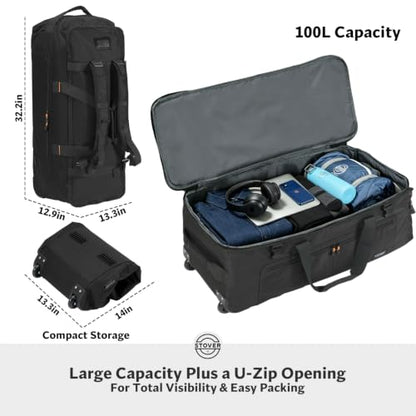 STOVER 100L U-Zip Rolling Duffel Bag with Wheels, Expedition Series X-Large Durable Travel Duffle + Toiletry Bag, Lay-Flat Opening, Packable with Shoulder Straps - Use as Luggage or Backpack (Black) - color: U-Zip Expedition Black