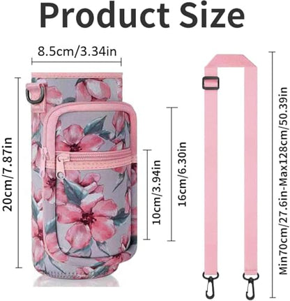 40oz Neoprene Water Bottle Sling with Phone Pocket, Crossbody - color: Flower Pink, size: 32oz Short