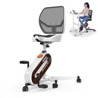 HitGo Ergonomic Office Chair with Exercise Bike, 330LBS Under-Desk Bike with 9-Level Height-Adjustable Seat, 8-Level Resistance, Rolling Wheels, Quiet Fitness for Home Office - color: White+Mahogany Desk