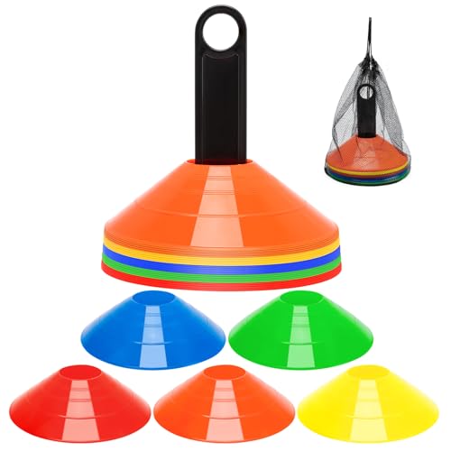 BiAnYC Soccer Cones for Sports Training,Small Sports Traing Agility Cones for Basketball Football Practice,Flexible Portable Disc Mini Cones,with Carry Bag and Holder,Set of 25 (5 Colors)