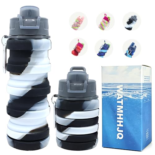 Silicone Collapsible Water Bottles, 16oz Portable Foldable Expandable Water Bottle Sports Cups, Leak Proof Reusable BPA Free, for Outdoor Activities Travel(Black white) - color: Black white