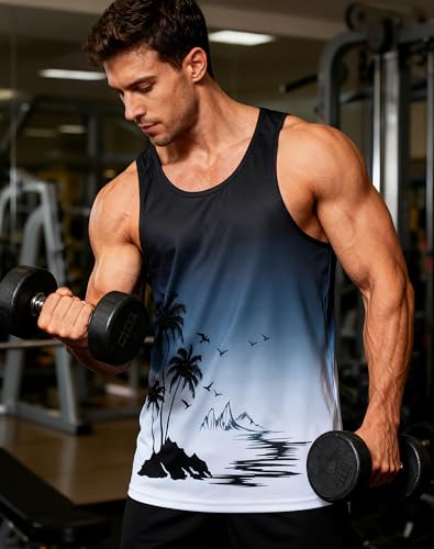 uideazone Mens Beach Tank Tops Summer Graphic Sleeveless Workout Shirt - color: Black Grey, size: XX-Large