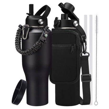40 oz Insulated Water Bottle Fits Car Cup Holder with Straw Lid & Auto Lid - color: Onyx Black, size: 40 Ounces