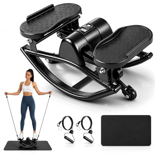 Rock Stepper Side to Side, Rocking Stepper for Exercise at Home with Resistance Bands & LCD Monitor, Low Impact Mini Stair Stepper, Anti-Slip Compact Home Workout Equipment, 250 LBS