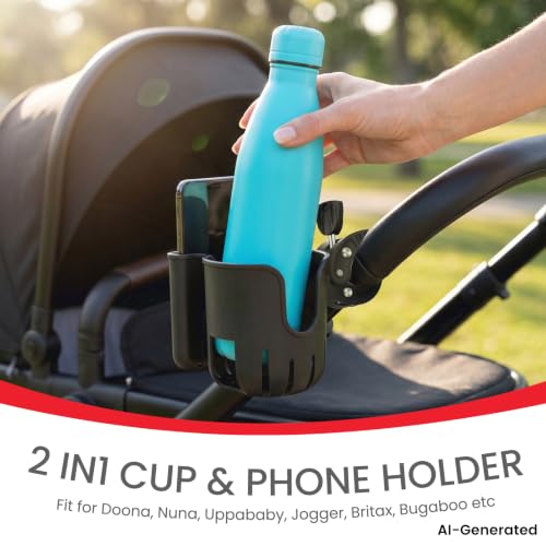 2-in-1 Universal Stroller Cup Holder with Phone Holder - Black