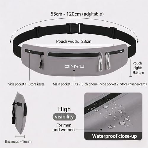 1 Pack Gray Slim Running Belt Fanny Pack, Waterproof Waist Pack Phone Holder, Adjustable Sport Waistband for Men Women, Workout Jogging Fitness Outdoor Activities