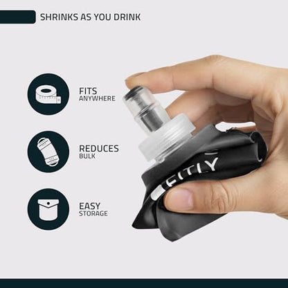 FITLY FLASKS Combo - 3 Handheld Soft Flask, Collapsible Water Bottles for Running, Marathon, Hiking, Cycling (5 oz, 8.5 oz, 13.5 oz / 150-250-400 ml) - color: Black, style: Sporty
