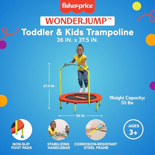 Fisher-Price 3-Foot Mini Trampoline, WonderJump 36-Inch Round Indoor Toddler Kids Trampoline with Stabilizing Handlebar - color: Red