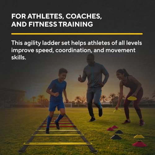 Agility Ladder Set, 12-Rung Speed Ladder + Training Cones, Soccer Training Equipment, Footwork Drills Kit, Speed & Agility Equipment, Football Practice Equipment, Basketball Gear - color: Black, Red and Gold
