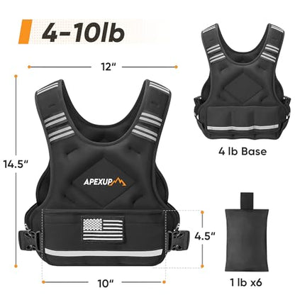 APEXUP Adjustable Weighted Vest, 4-10lb/12-18lb/20-32lb Vest with 6 Ironsand Weights and Large Pocket, Weight Vest for Men Women Strength Training, Running, Walking - color: Black, size: 4-10lbs