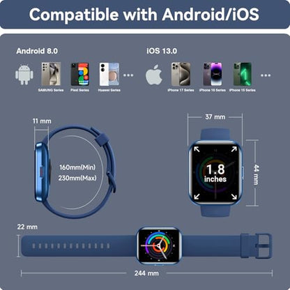 Smart Watch for Men, 1.85" HD Smart Watches Compatible iPhone/Samsung/Android (Answer/Make), Fitness Tracker Watch with Heart Rate/Sleep/SpO2 Monitor, Smartwatch 3ATM Waterproof 120+ Sport Modes Alexa - color: Blue