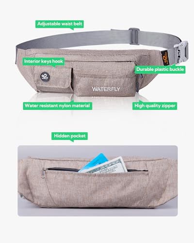 WATERFLY Small Fanny Pack for Women Men, Crossbody Travel Waist Bag - color: khaki