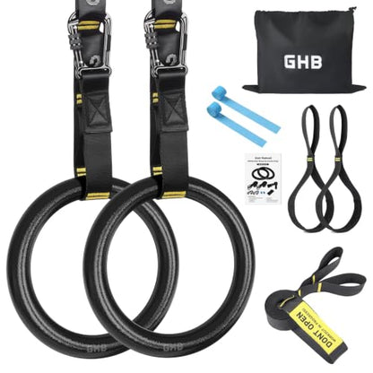 GHB Gymnastic Rings Gym Rings 1.1" Olympic Rings Adjustable Straps Pull Up Rings Sets for Workout Bodyweight Fitness Training