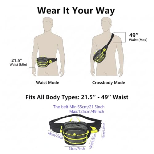 Large Capacity Fanny Pack for Men Women, 6-Pocket Crossbody Belt Bag for Hiking Dog Walking Travel, Fits Large Phones & Essentials, Water-Resistant Waist Pouch with Reflective Bungee