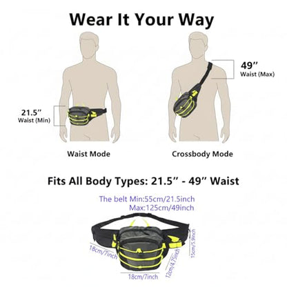 Large Capacity Fanny Pack for Men Women, 6-Pocket Crossbody Belt Bag for Hiking Dog Walking Travel, Fits Large Phones & Essentials, Water-Resistant Waist Pouch with Reflective Bungee