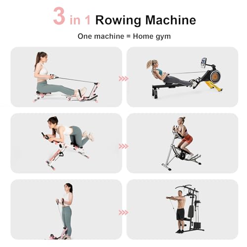 Tousains 3 in 1 Foldable Rowing Machine, AB Machine with 3 Level Angle & Led Monitor, Multi-Functional Rower Fitness Equipment Home Gym Full Body Fitness Machine - color: pink