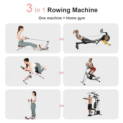 Tousains 3 in 1 Foldable Rowing Machine, AB Machine with 3 Level Angle & Led Monitor, Multi-Functional Rower Fitness Equipment Home Gym Full Body Fitness Machine - color: pink