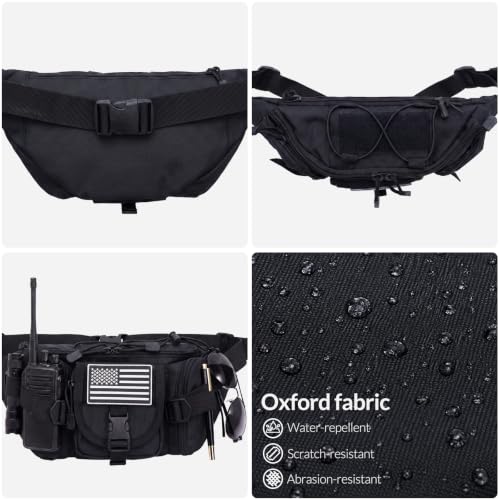 Tactical Fanny Pack for Men Women, Large Waist Packs with 5 Zipper Pockets, Adjustable Strap Hip Belt Bag for Outdoor Hiking Fishing Running Traveling, Crossbody Bumbag with Patch - Black - color: Black