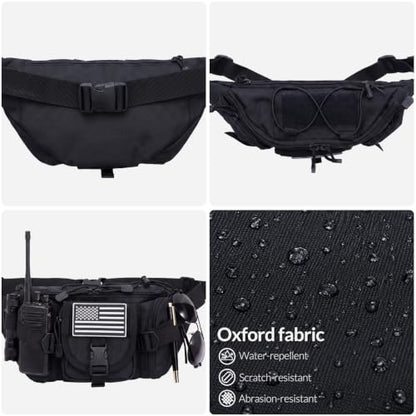 Tactical Fanny Pack for Men Women, Large Waist Packs with 5 Zipper Pockets, Adjustable Strap Hip Belt Bag for Outdoor Hiking Fishing Running Traveling, Crossbody Bumbag with Patch - Black - color: Black