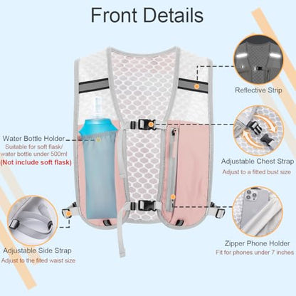 Running Vest Hydration Backpack for Men Women, Lightweight Breathable Hydration Packs, Adjustable Chest Straps Daypack, Reflective Water Running Vest for Marathon, Trail, Hiking, Cycling - color: Pink