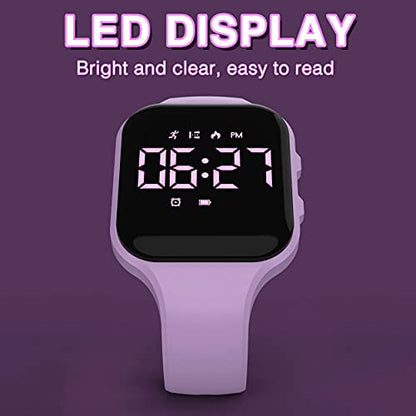 Non-Bluetooth Led Fitness Tracker Watch,Digital Pedometer Watch,with Step Counting/Distance/Calories/Stopwatch/Alarm Clock, Great Gift for Kids Teens Girls Boys Xmas - color: Square - purple