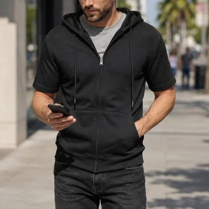Ohoo Mens Slim Fit Zip up Hoodie Cotton Blend Soft Fabric Short Sleeve Lightweight Comfy Basic Jacket with Kanga Pocket - color: Dcf056-black, size: Large