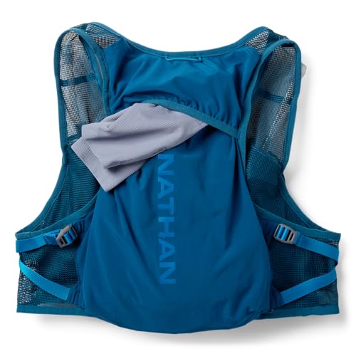 Nathan Hydration Vest - Lightweight, Quick-Fit Fix, Reflective, 4L Storage, Six Pockets, Two 14oz Flasks, Pinnacle Breeze - size: Large-X-Large, style: Sailor Blue/Deep Blue