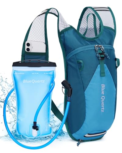 Blue Quartz Hydration Backpack with 2L Water Bladder, Hiking Water Pack with Insulated Compartment for Women Men, Lightweight Running Hydration Vest with Phone Pocket for Cycling, Biking - color: Blue-Green