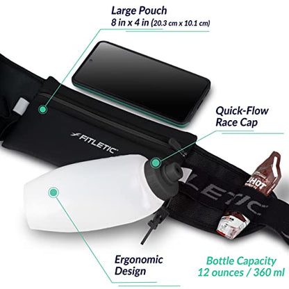 Fitletic Hydration Running Belt With 12oz Quick Flow Water Bottle For Men & Women –Race Belt, Gel Holder & Bib Toggles Patented Bounce Free Design, Water Resistant Fits All Phones –Fully Loaded - size: S/M (24"-34")