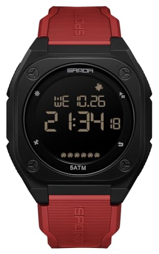 FANMIS Men's Digital Sports Watch Big Face Stopwatch Outdoor Rubber Strap - color: Red