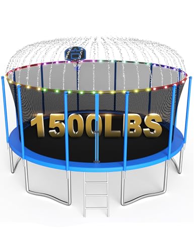 SKYUP Outdoor Tranpoline for Kids with Basketball Hoop, Light &Sprinkler - color: Blue, size: 10FT