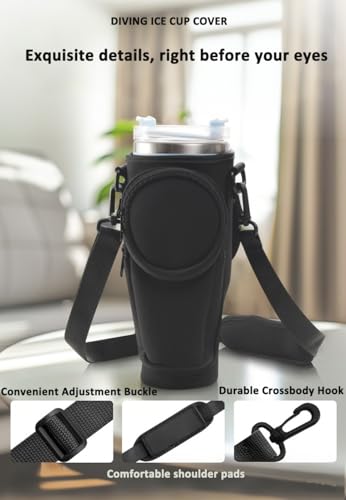 Water Bottle Carrier Bag with Phone Pocket for Stanley 40/30oz Tumbler Neoprene Water Bottle Holder Pouch with Adjustable Strap, 2 Stanley Straw Covers & Carabiner for Stanley Cup Accessories (Beige)