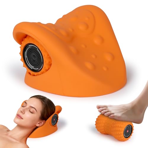 Multifunctional Massage Pillow with Detachable Rollers Neck and Cervical Spine Corrector Portable Electric Massage Headrest with Bluetooth Music Support 6 Vibration Intensity Settings - color: Orange/01