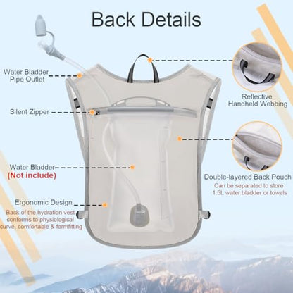 Running Vest Hydration Backpack for Men Women, Lightweight Breathable Hydration Packs, Adjustable Chest Straps Daypack, Reflective Water Running Vest for Marathon, Trail, Hiking, Cycling - color: Grey