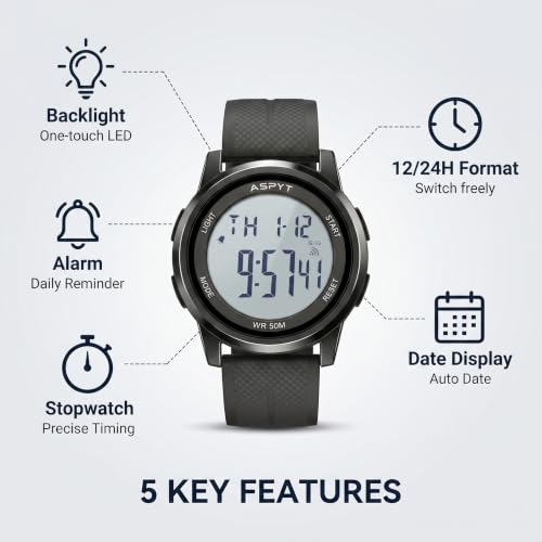 Men Digital Watch, Thin Running Sports Waterproof Outdoor LED Screen Large Face Black Wrist Watches with Back Light Alarm Date Stopwatch for Men Women Kids Boys