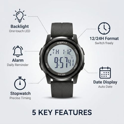 Men Digital Watch, Thin Running Sports Waterproof Outdoor LED Screen Large Face Black Wrist Watches with Back Light Alarm Date Stopwatch for Men Women Kids Boys