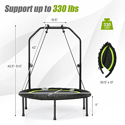 Goplus 40” Folding Fitness Trampoline, Portable Mini Exercise Rebounder 4-Level Height Adjustable Safety Handrail, 2 Resistance Bands, Indoor Outdoor Workout Trampoline for Adults Kids (Green)