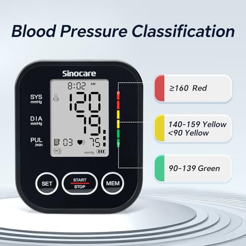 Sinocare Blood Pressure Monitor, Upper Arm Blood Pressure Monitors for Home Use, Adjustable Arm Cuff 8.6"-16.5", One-Button Operation, Dual User, Accurate & Practical (Black) - color: Black