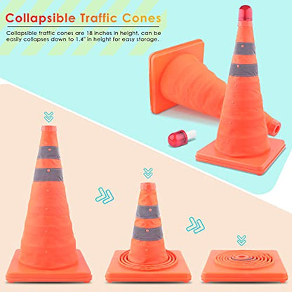 ERKOON 4 Pack 18 inch Collapsible Traffic Cones with Bag, Safety Cones with 4 LED Safety Road Parking Cones Driving Construction Cones Fluorescent Orange Pop Up Reflective Safety Traffic Cones - size: 18inch