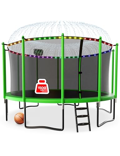 LHX 8 10 12 14 15 16FT Tranpoline Outdoor 1500LBS with Basketball Hoop, Light and Sprinkler, Large Heavy Duty Round Recreational Tranpoline for Kids and Adults for Family Backyard Fun, ASTM Approved - color: Green, size: 14 FT