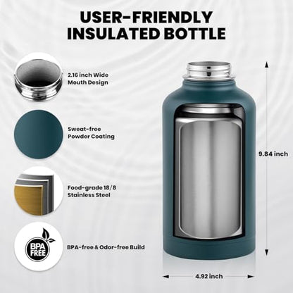 RAYMYLO Insulated Water Bottle 64 oz, Triple Wall Vacuum Stainless Steel - color: Dark Green, size: 64 Ounces