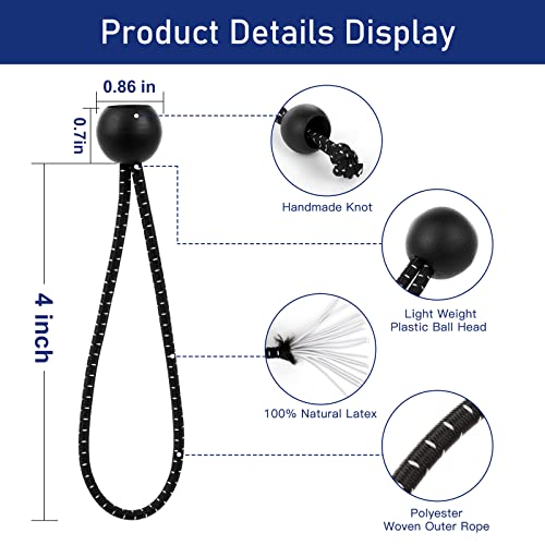 Bungee Cords with Balls 50 PCS- Ball Bungee Cords 4 Inch Heavy Duty Elastic Cord Ball Bungee Canopy Tie Downs Tarp Bungee with Balls for Camping, Shelter,Cargo,Tent Poles UV Resistant - size: 4 Inch