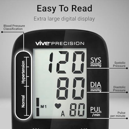 Vive Precision Automatic Blood Pressure Machine - Upper Arm Digital Pulse BP Monitor- Accurate Heart Rate Sensor for Home Use - Portable BPM with Large LCD Display - Heartbeat Monitoring System Kit