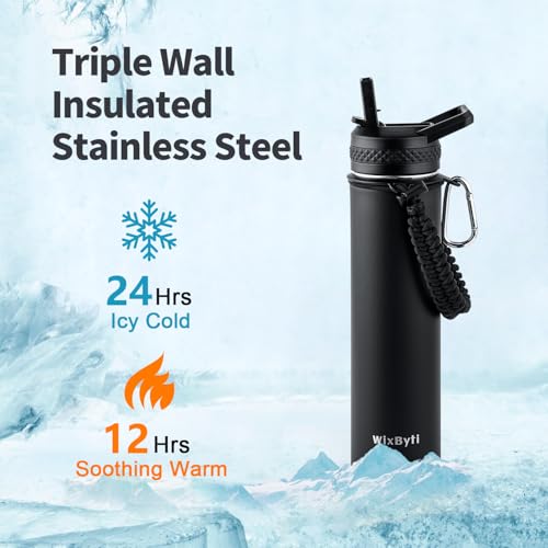 WixByti 24 oz Insulated Water Bottle with Straw, Stainless Steel Water Jug - color: Black, size: 24 Ounces
