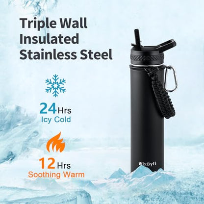 WixByti 24 oz Insulated Water Bottle with Straw, Stainless Steel Water Jug - color: Black, size: 24 Ounces