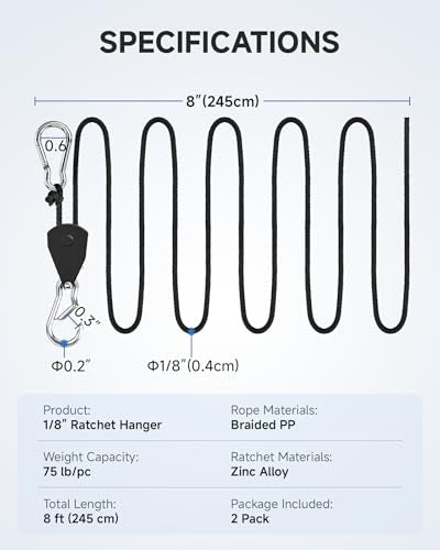 Fondwell Rope Tie Downs Small Ratchet Straps, Adjustable Grow Light Hangers - size: 1/8" 2-Pack