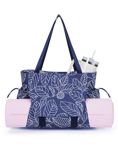 sportsnew Yoga Mat Bag Waterproof Tote Gym Bag Mat Carrier W/Wet Pocket - color: Navy Blue Leaves