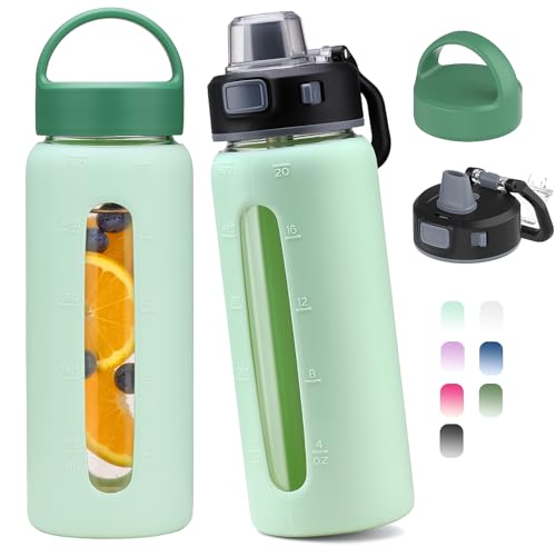 Kodrine 20oz Glass Water Bottle with Straw and 2 Lids Leakproof, Light Green - color: Light Green, size: 20 Ounces