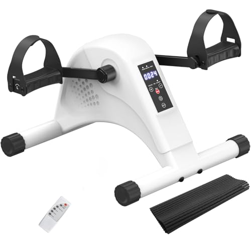 12-Levels Mini Exercise Bike Under Desk with LCD Display, Quiet Electric Bidirectional Bicycle Pedals for Home for Seniors, Stationary Bike Under Desk for Leg & Arm Physical Therapy Exerciser - color: White
