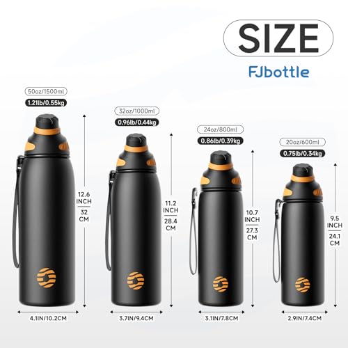 Fjbottle 32oz Stainless Steel Insulated Water Bottle No Straw Spout Lid - color: Classic Black, size: 32 Ounces